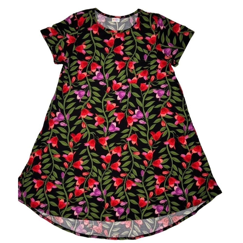 LuLaRoe Womens Carly Dress XL Black Pink Purple Floral Leggings Material NWT